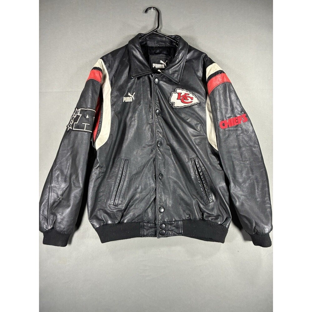 Vintage PUMA Kansas City Chiefs Leather Jacket Men M NFL Black KC Football READ!